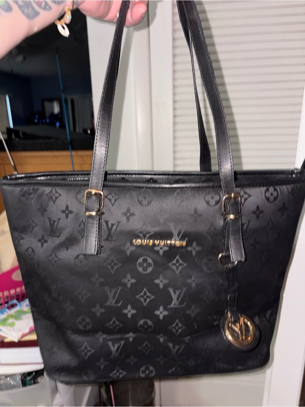Source Unknown Black Monogram Tote with Gold Hardware